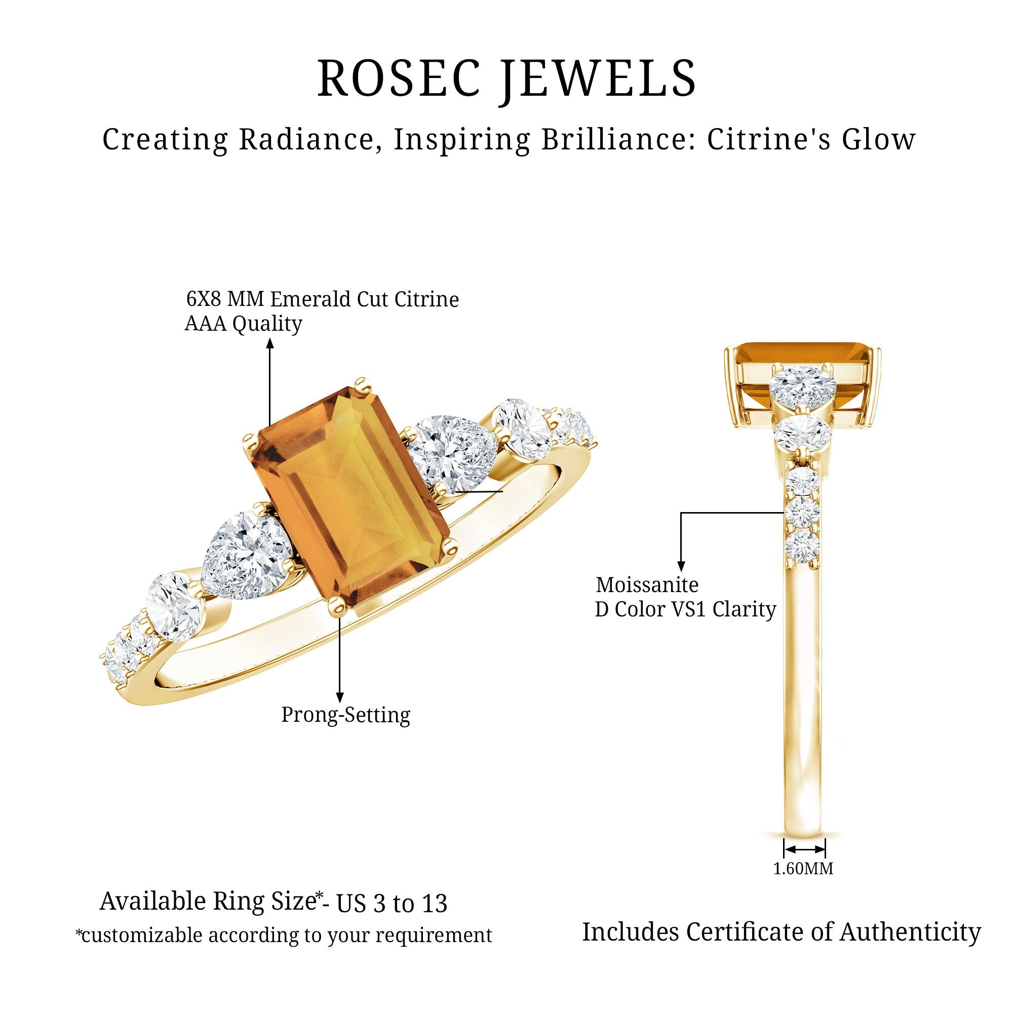 1.8 Carat Genuine Citrine Emerald Cut Engagement Ring with Moissanite Side Stones