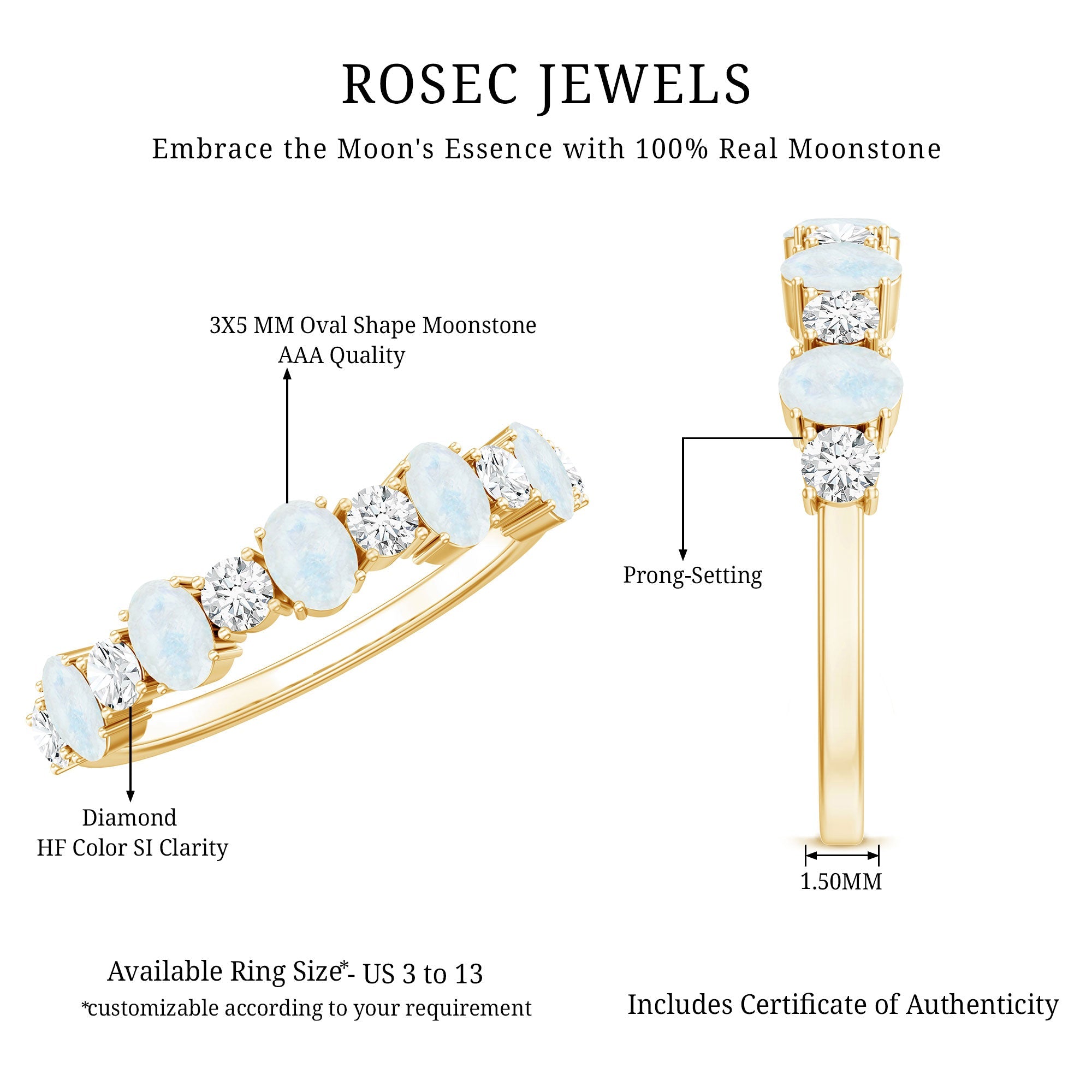 Alternate Moonstone and Diamond Semi Eternity Ring