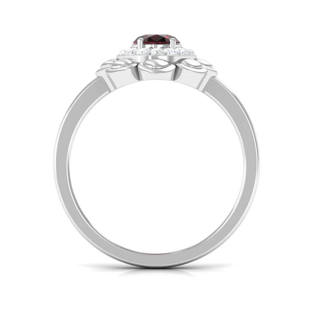Natural 1.5 Carat Oval Garnet Flower Engagement Ring with Diamond