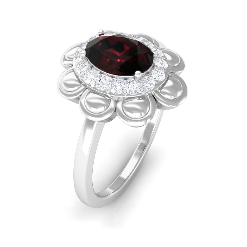 Natural 1.5 Carat Oval Garnet Flower Engagement Ring with Diamond