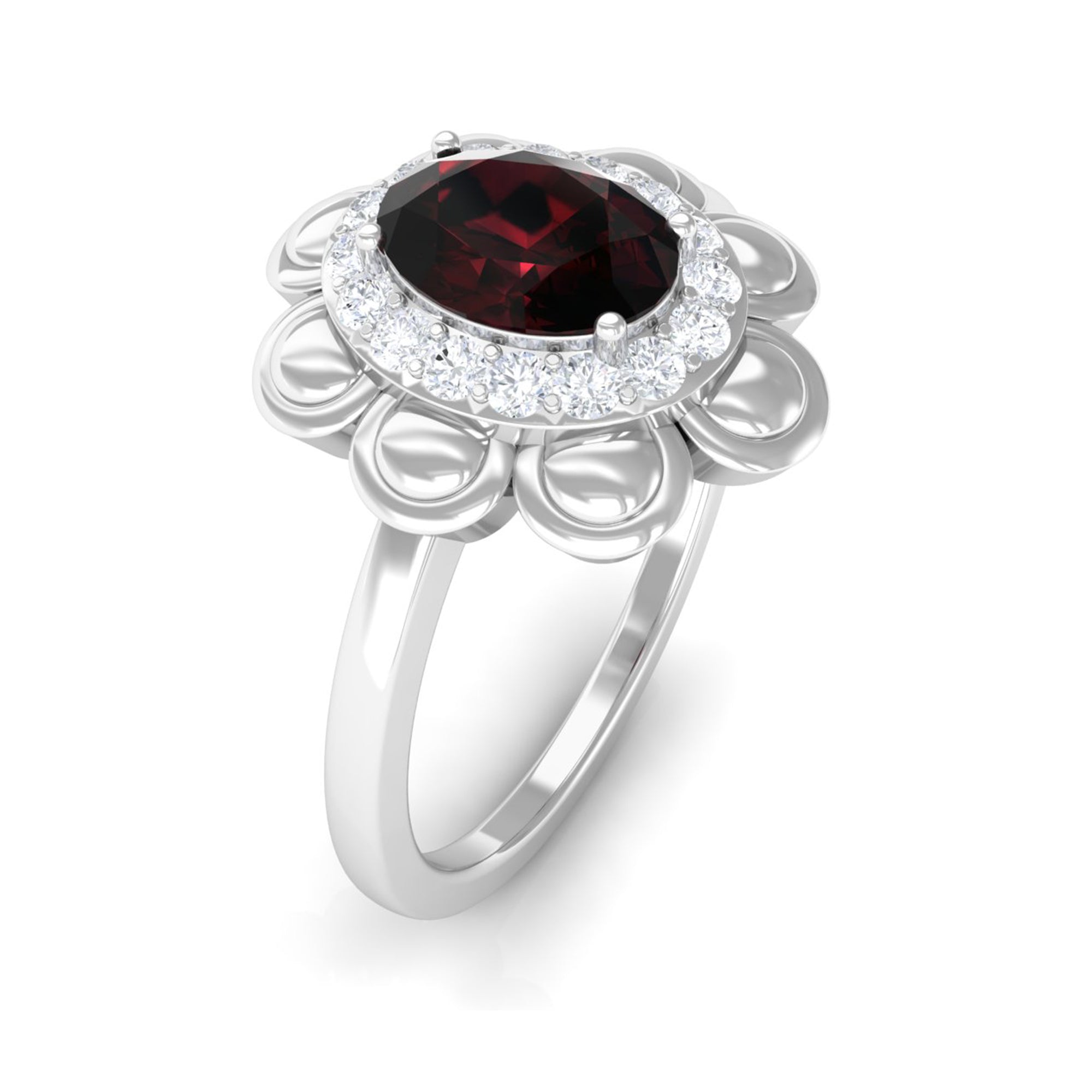 Natural 1.5 Carat Oval Garnet Flower Engagement Ring with Diamond