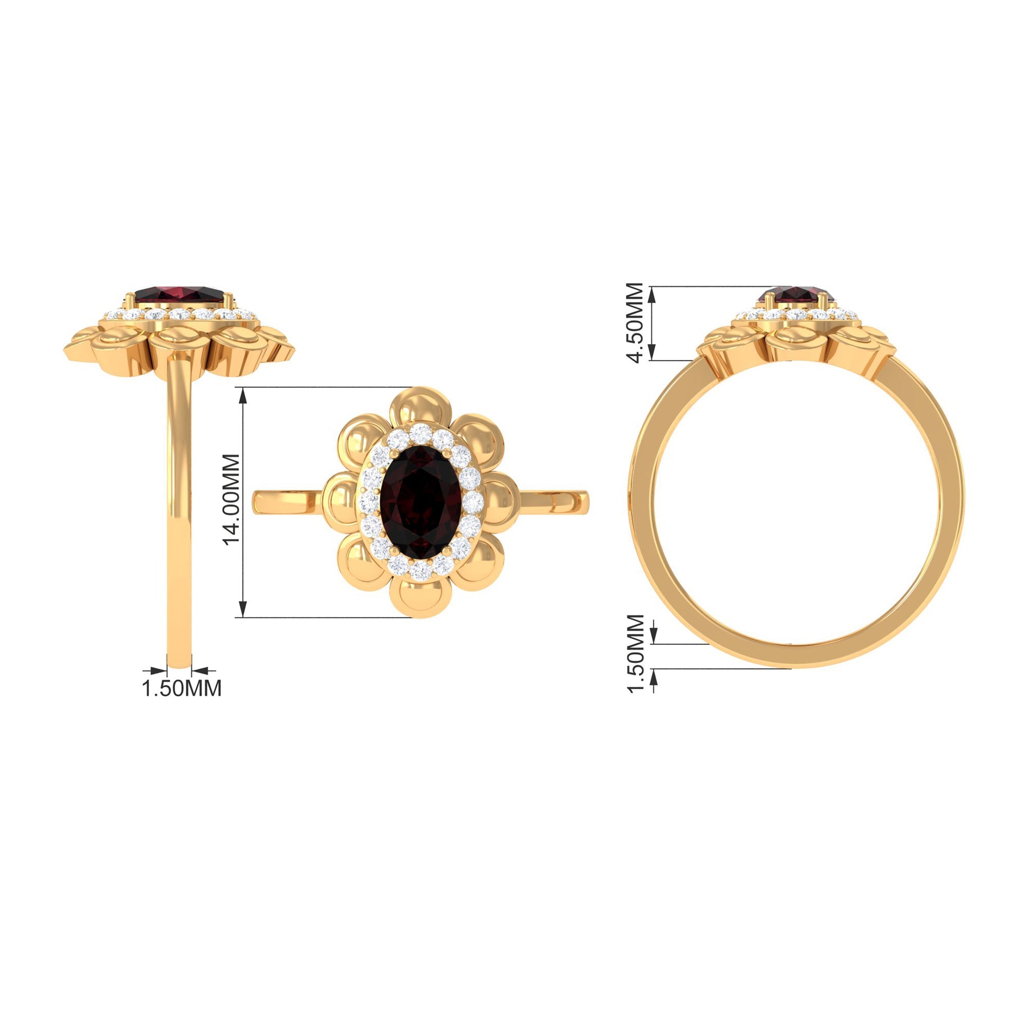 Natural 1.5 Carat Oval Garnet Flower Engagement Ring with Diamond