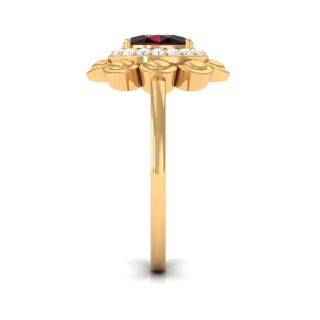 Natural 1.5 Carat Oval Garnet Flower Engagement Ring with Diamond