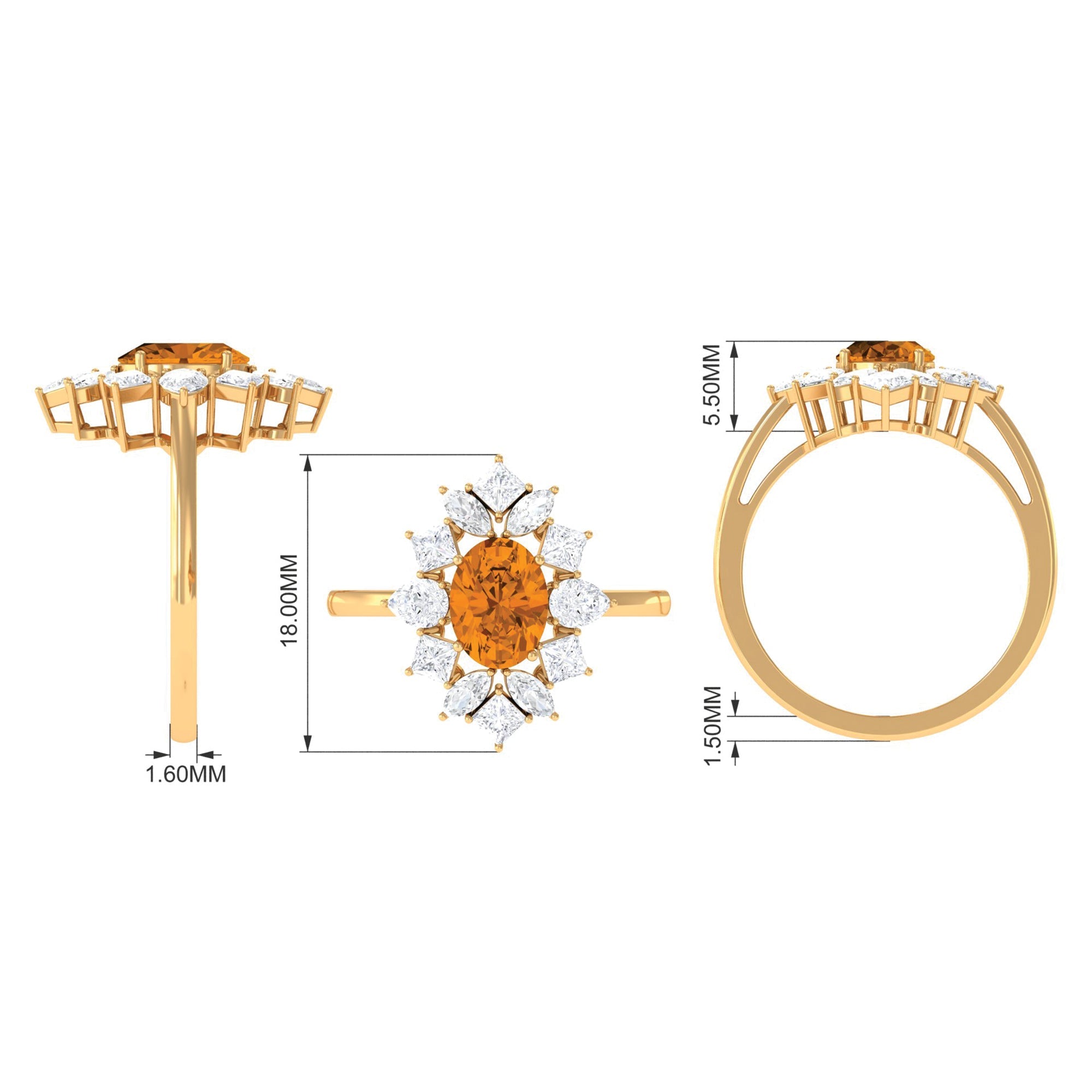 1 Carat Oval Cut Citrine Cocktail Ring with Moissanite Stones