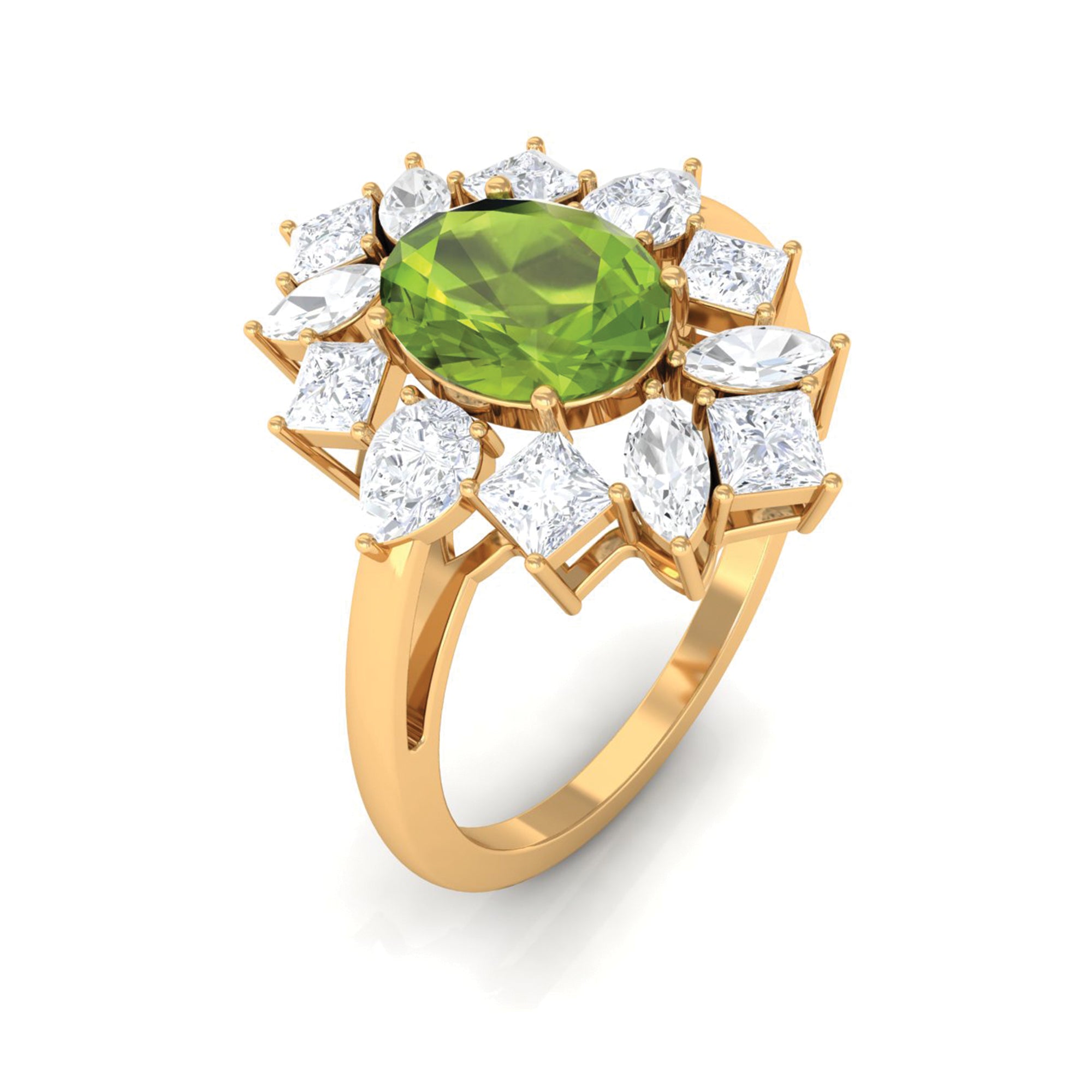 1 Carat Natural Peridot Cocktail Ring with Moissanite Stones