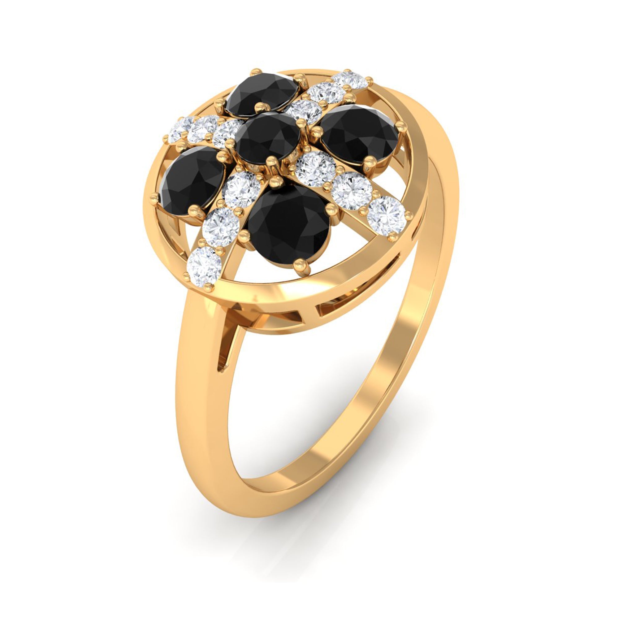 Round Black Spinel Contemporary Ring With Diamond