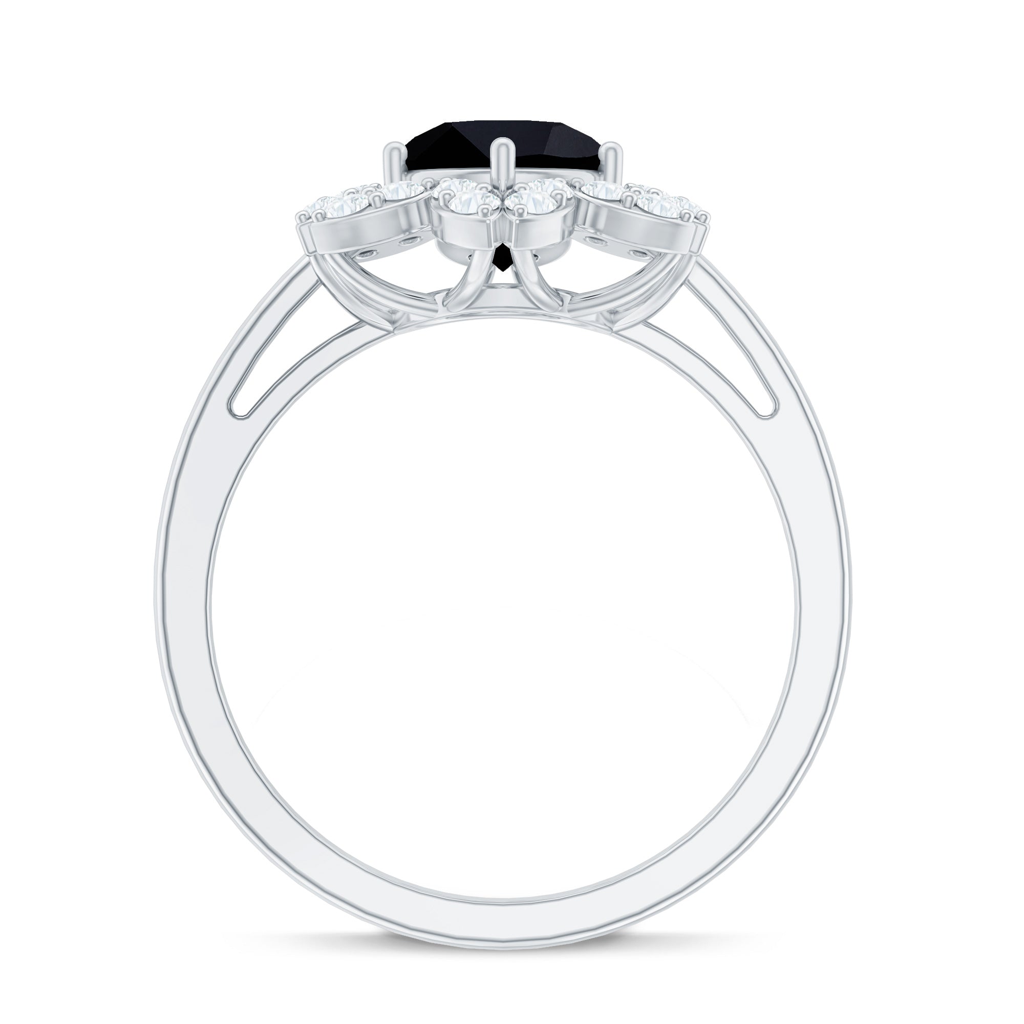 Genuine Round Cut Black Onyx Flower Engagement Ring with Diamonds