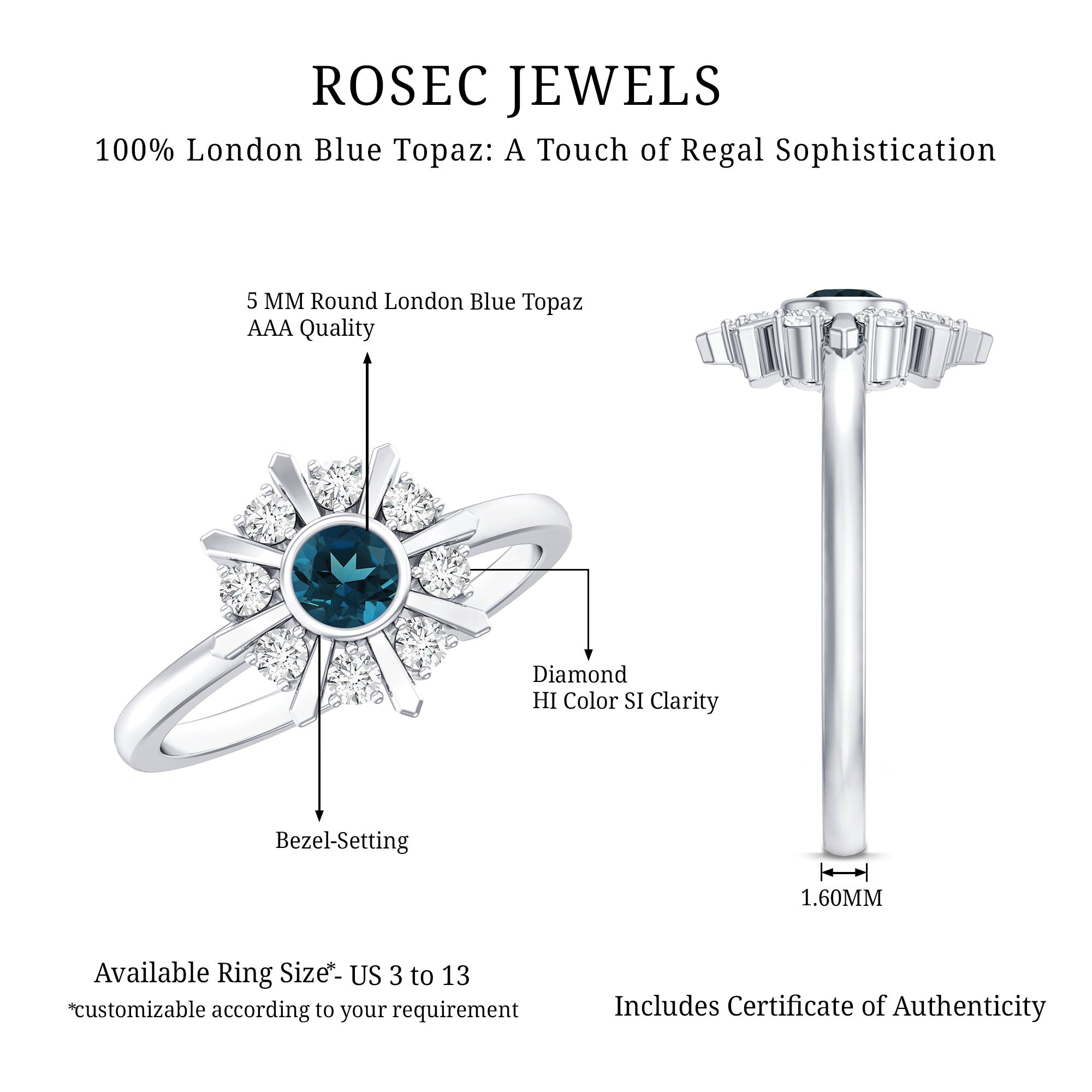 0.6 Carat Round London Blue Topaz Flower Ring with Diamond