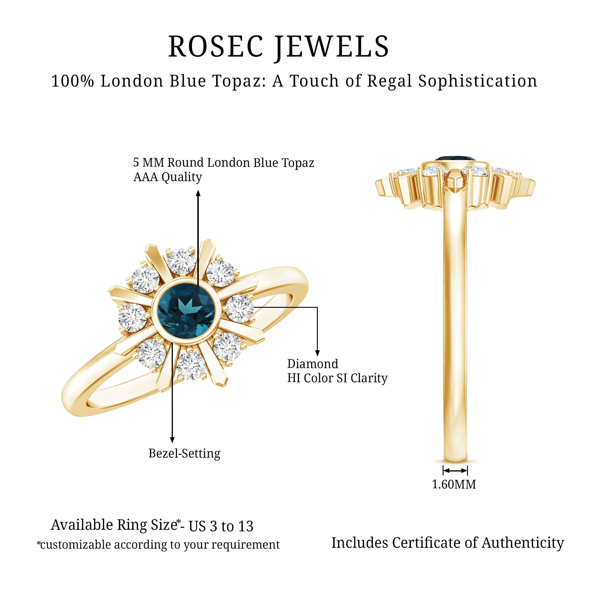 0.6 Carat Round London Blue Topaz Flower Ring with Diamond