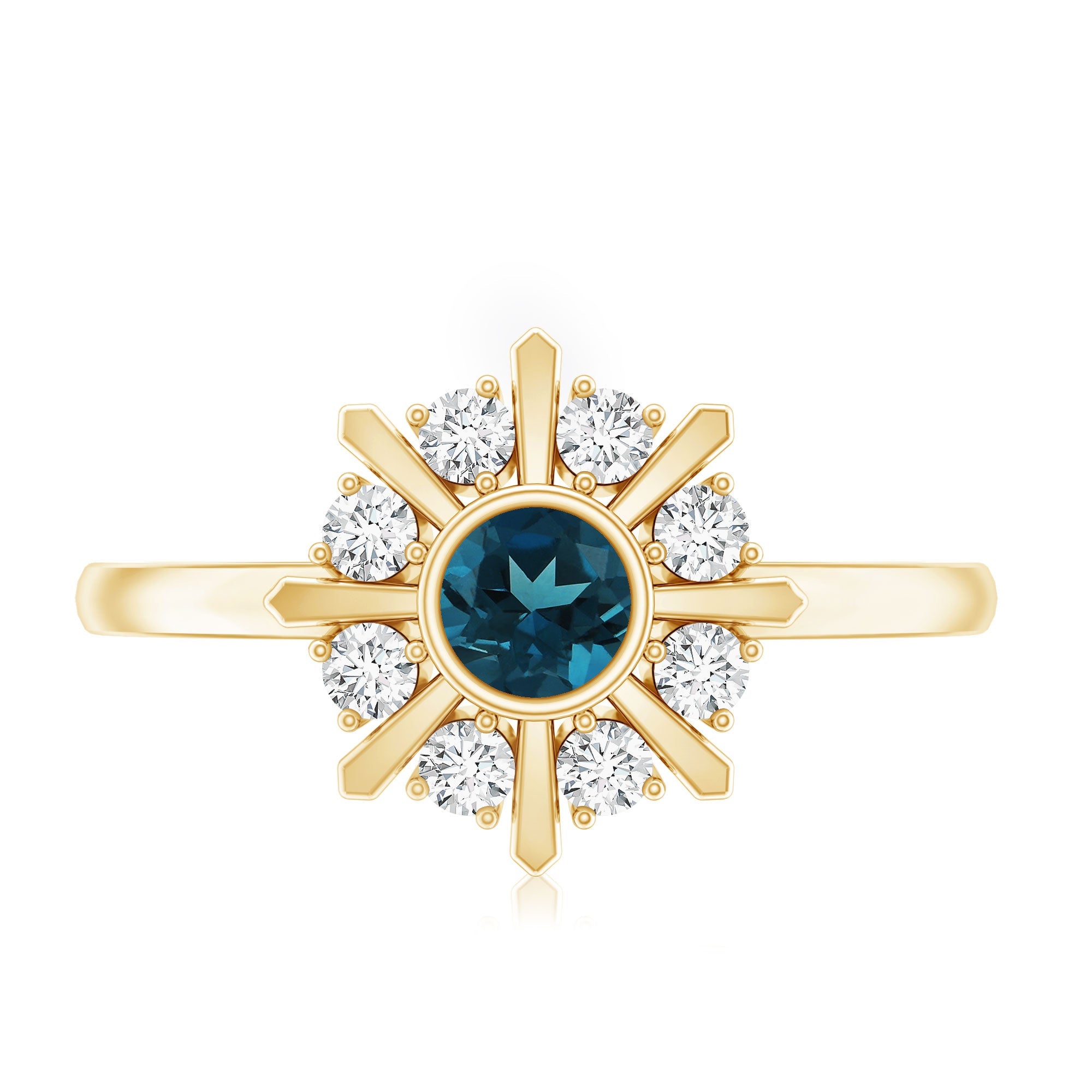 0.6 Carat Round London Blue Topaz Flower Ring with Diamond