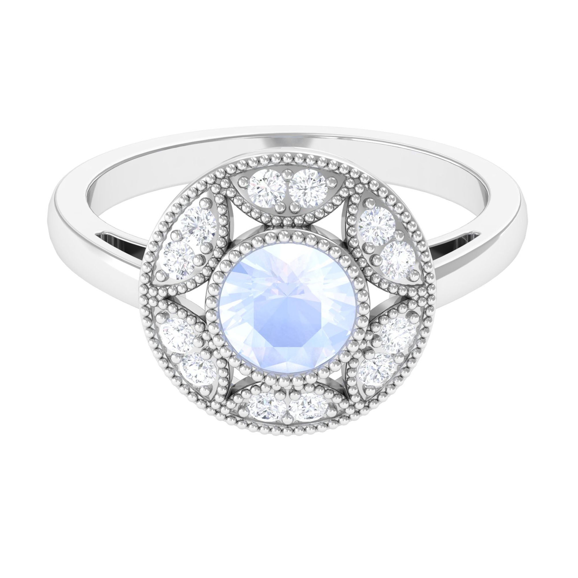 0.3 Carat Round Moonstone and Diamond Vintage Engagement Ring