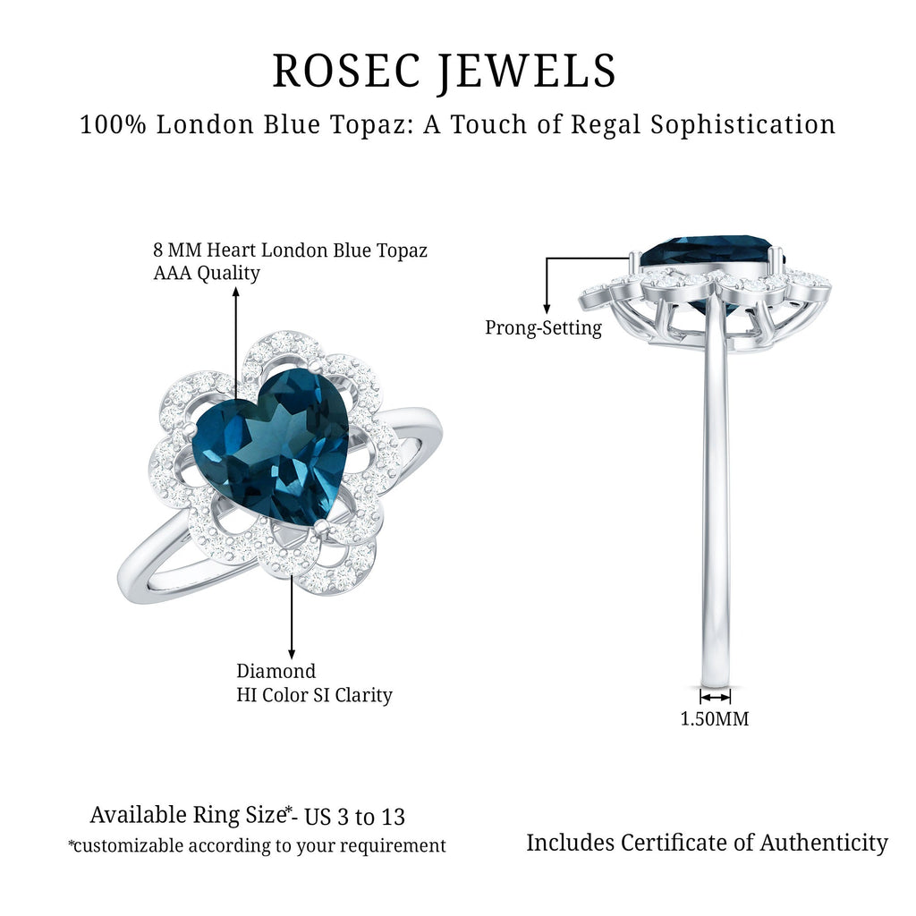 2 Carat Heart Shape London Blue Topaz Designer Engagement Ring with Diamond Halo