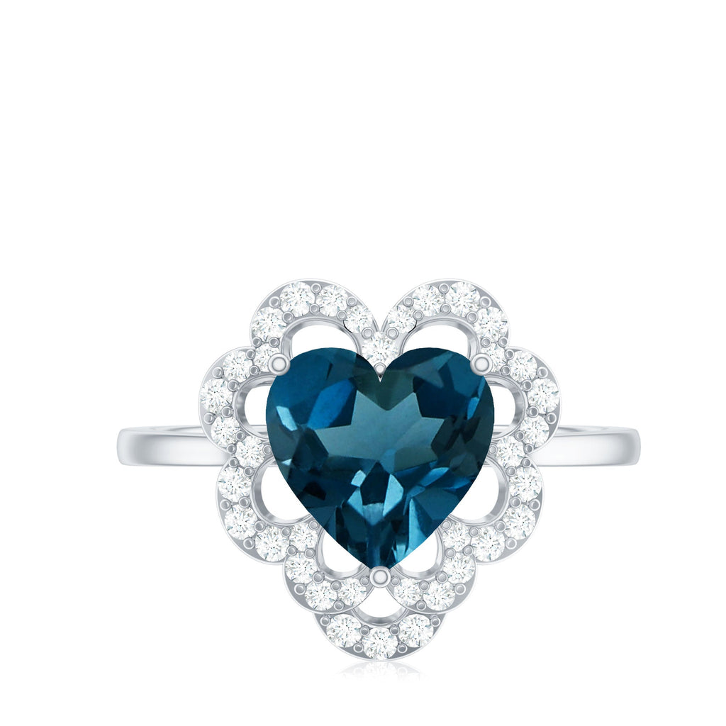 2 Carat Heart Shape London Blue Topaz Designer Engagement Ring with Diamond Halo