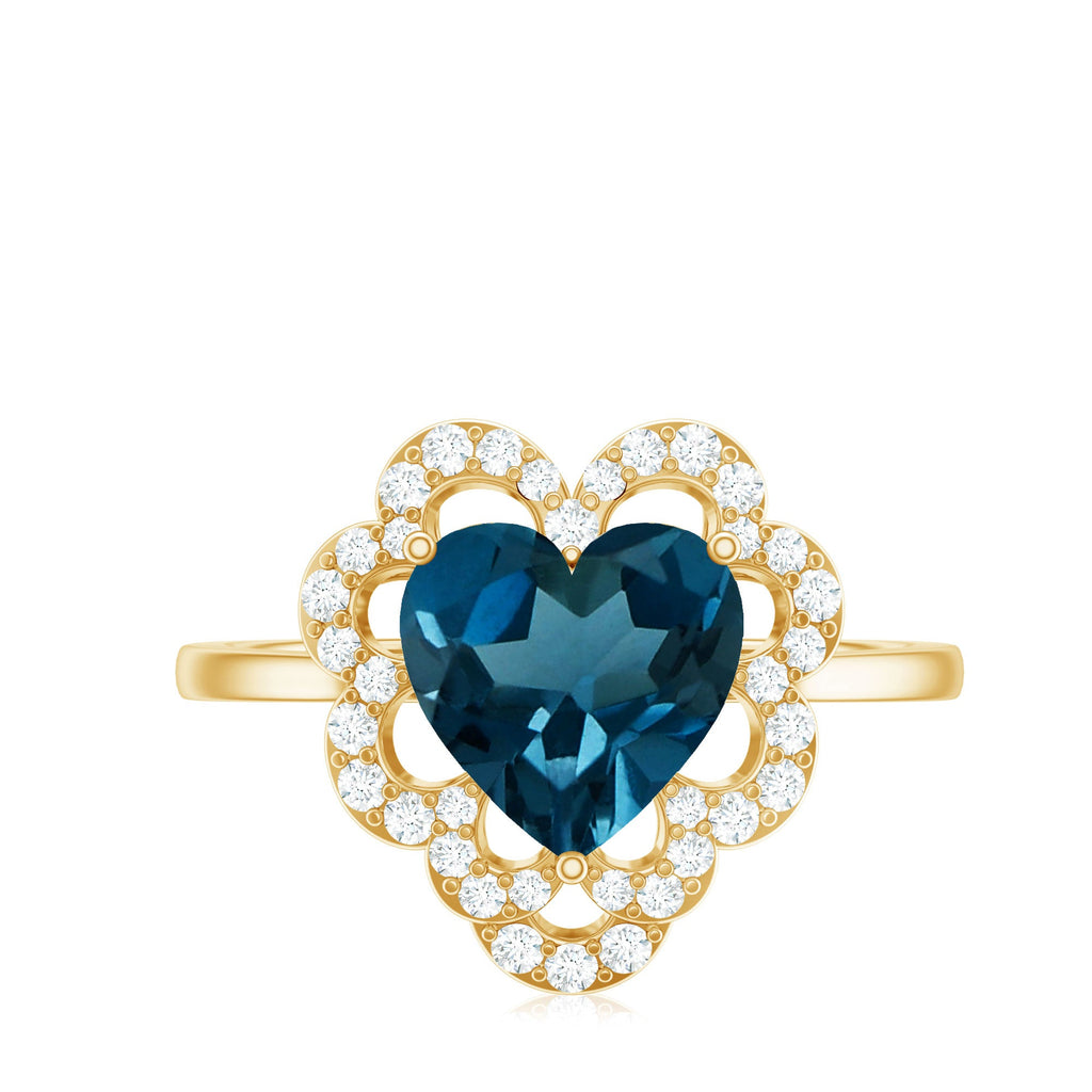 2 Carat Heart Shape London Blue Topaz Designer Engagement Ring with Diamond Halo