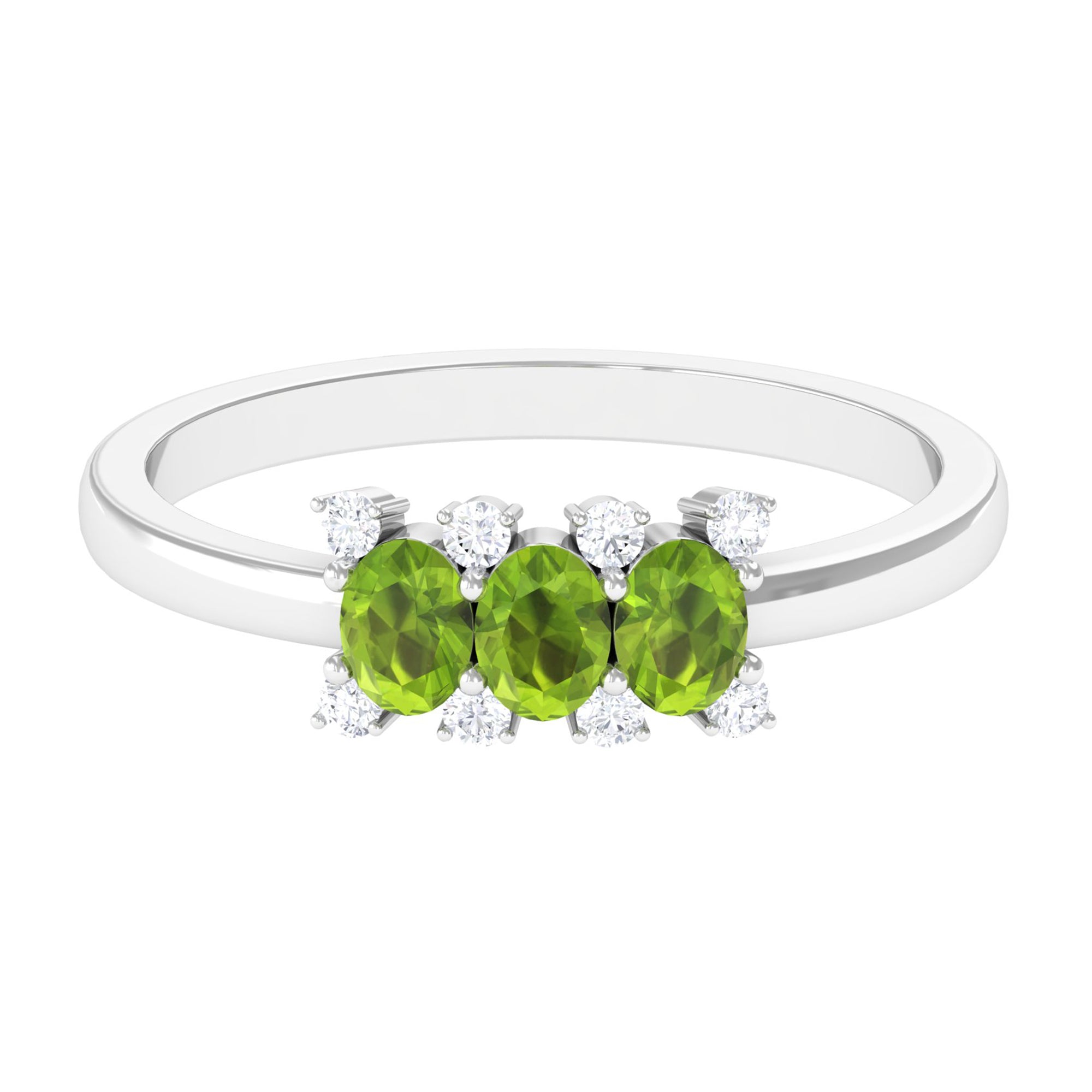 Oval Cut Peridot Three Stone Ring with Diamond Stones