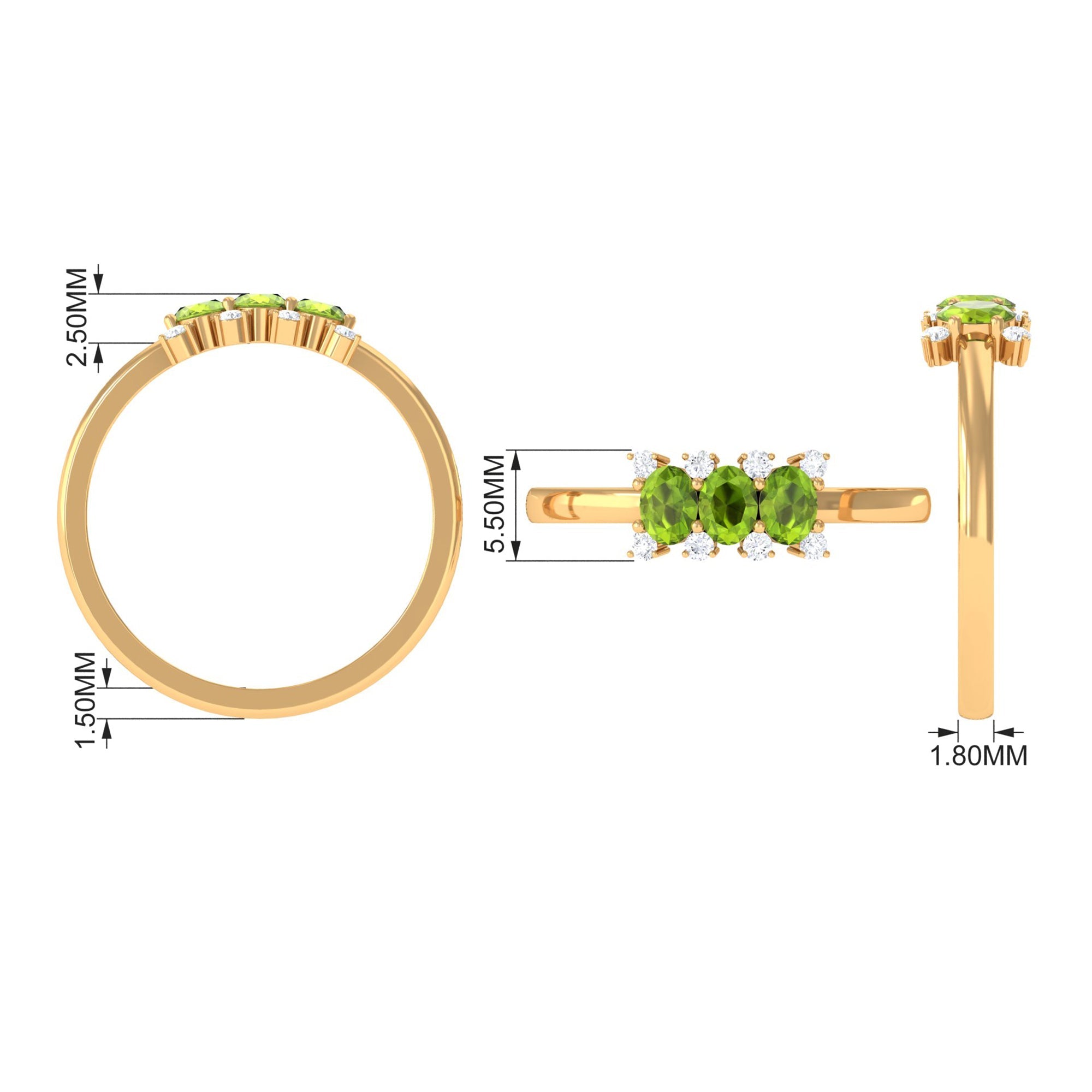Oval Cut Peridot Three Stone Ring with Diamond Stones
