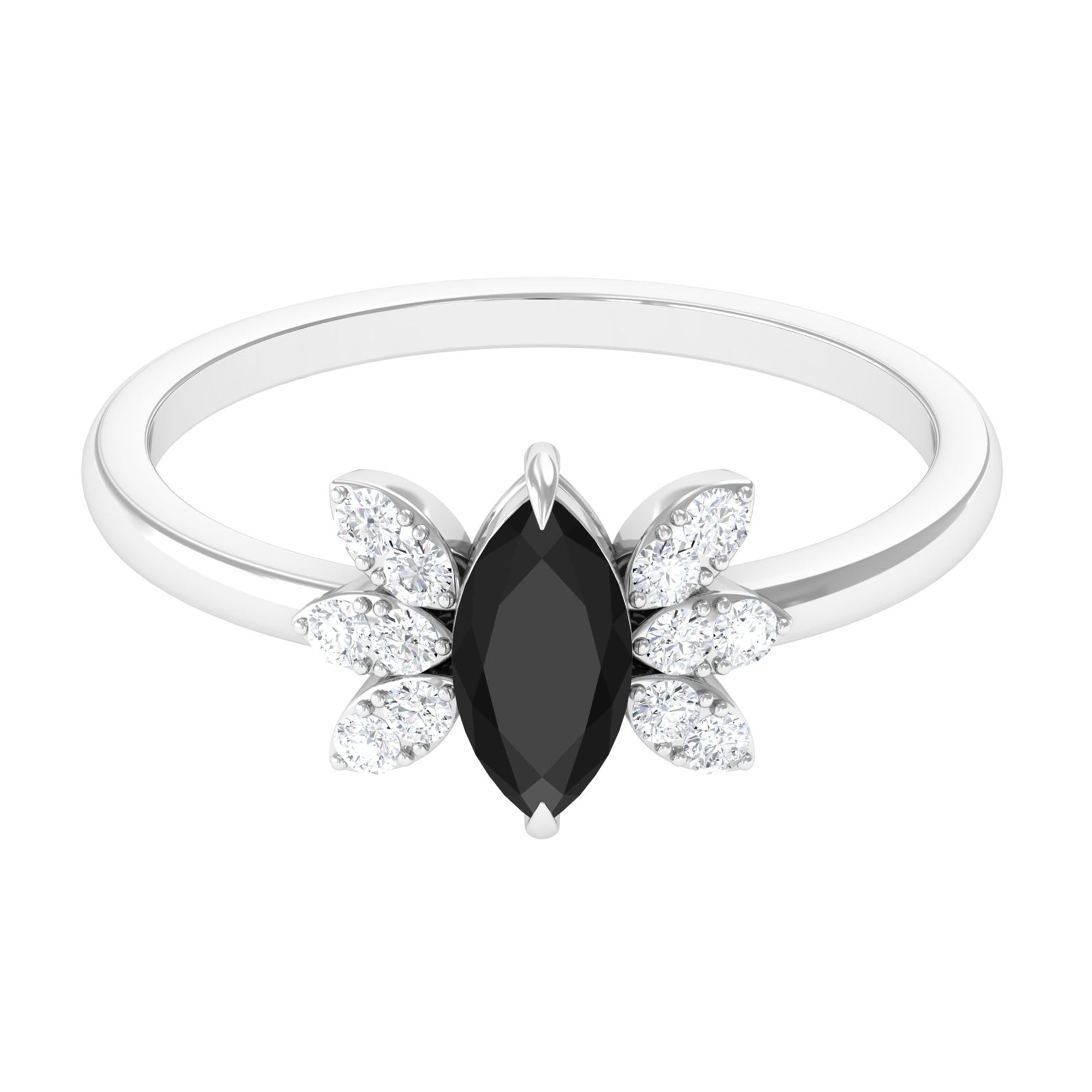 0.7 Carat Claw Set Marquise Black Spinel and Diamond Promise Ring