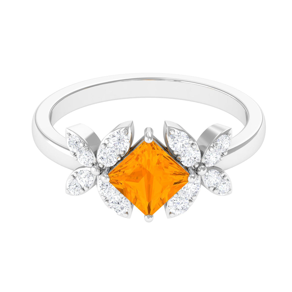 0.5 Carat Princess Cut Fire Opal Flower Engagement Ring with Diamond