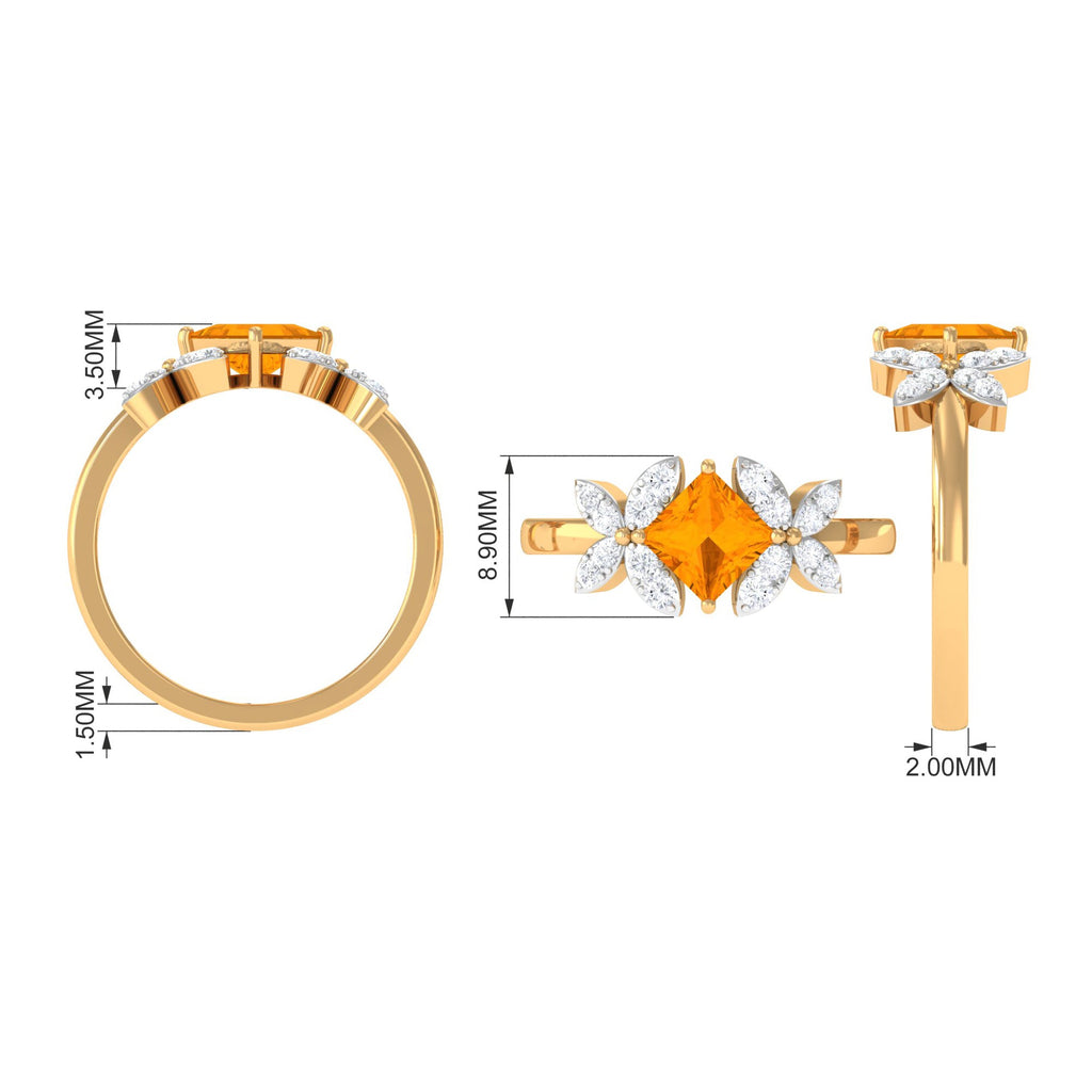 0.5 Carat Princess Cut Fire Opal Flower Engagement Ring with Diamond