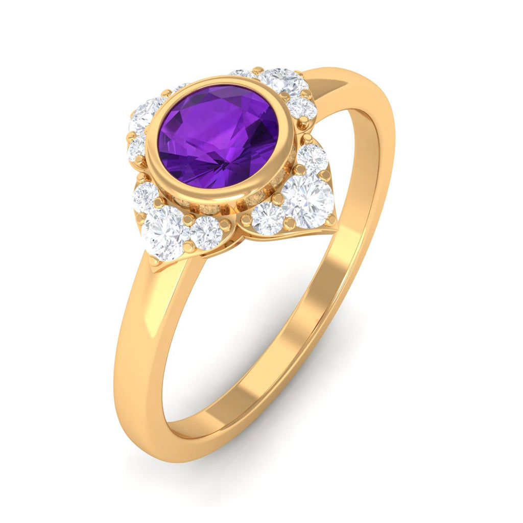 0.4 Carat Bezel Set Amethyst Flower Engagement Ring with Diamond