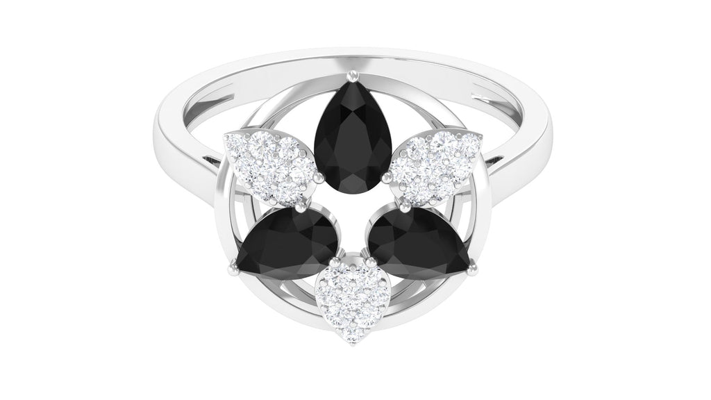 Certified Black Spinel and Diamond Flower Cocktail Ring