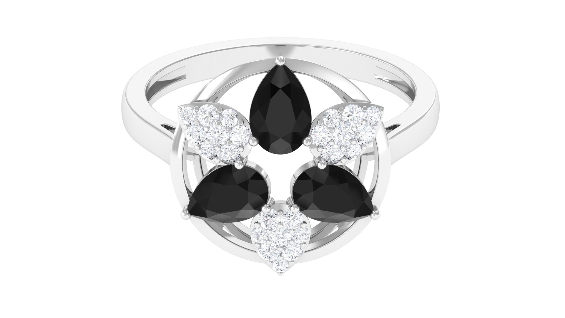 Certified Black Spinel and Diamond Flower Cocktail Ring