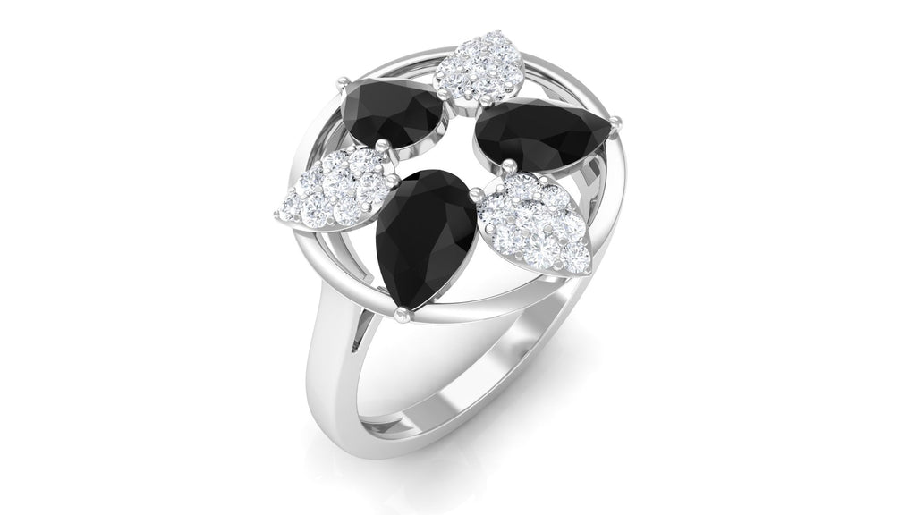 Certified Black Spinel and Diamond Flower Cocktail Ring
