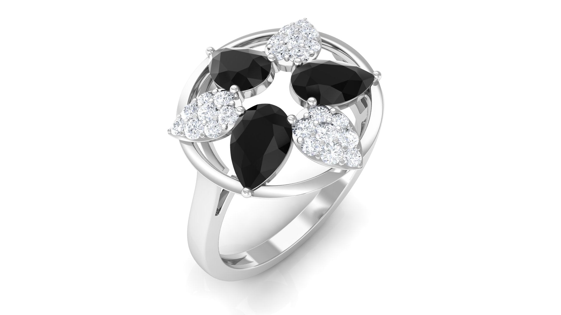 Certified Black Spinel and Diamond Flower Cocktail Ring
