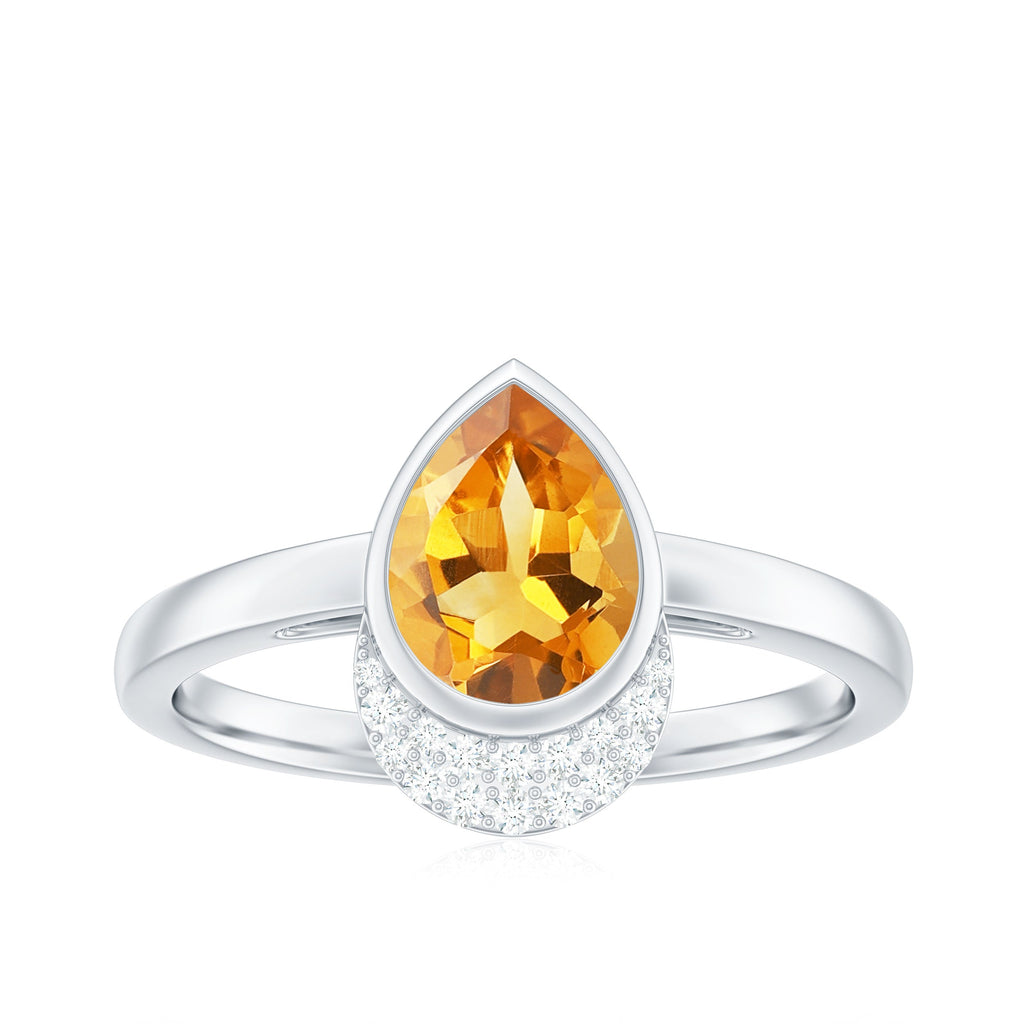 Real 1 Carat Citrine Teardrop Engagement Ring with Diamond