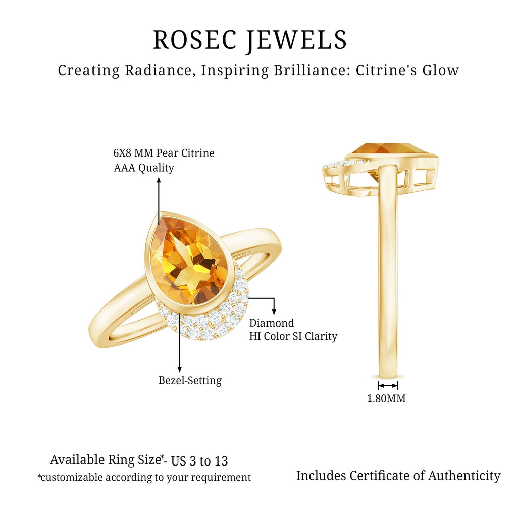 Real 1 Carat Citrine Teardrop Engagement Ring with Diamond