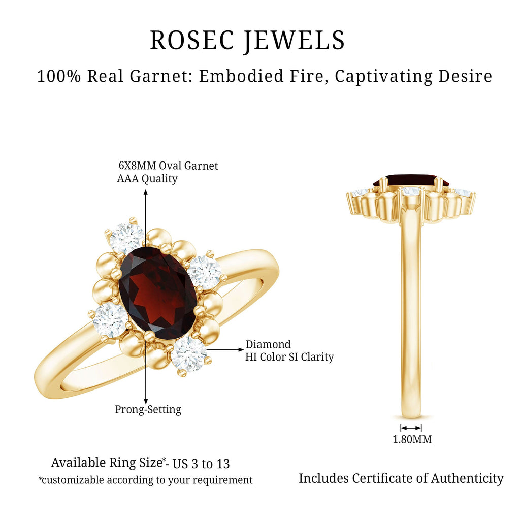 AAA Quality Oval Garnet Vintage Engagement Ring With Diamond