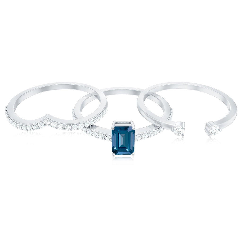 0.7 Carat Emerald Cut London Blue Topaz Curved Wedding Ring Set with Certificate
