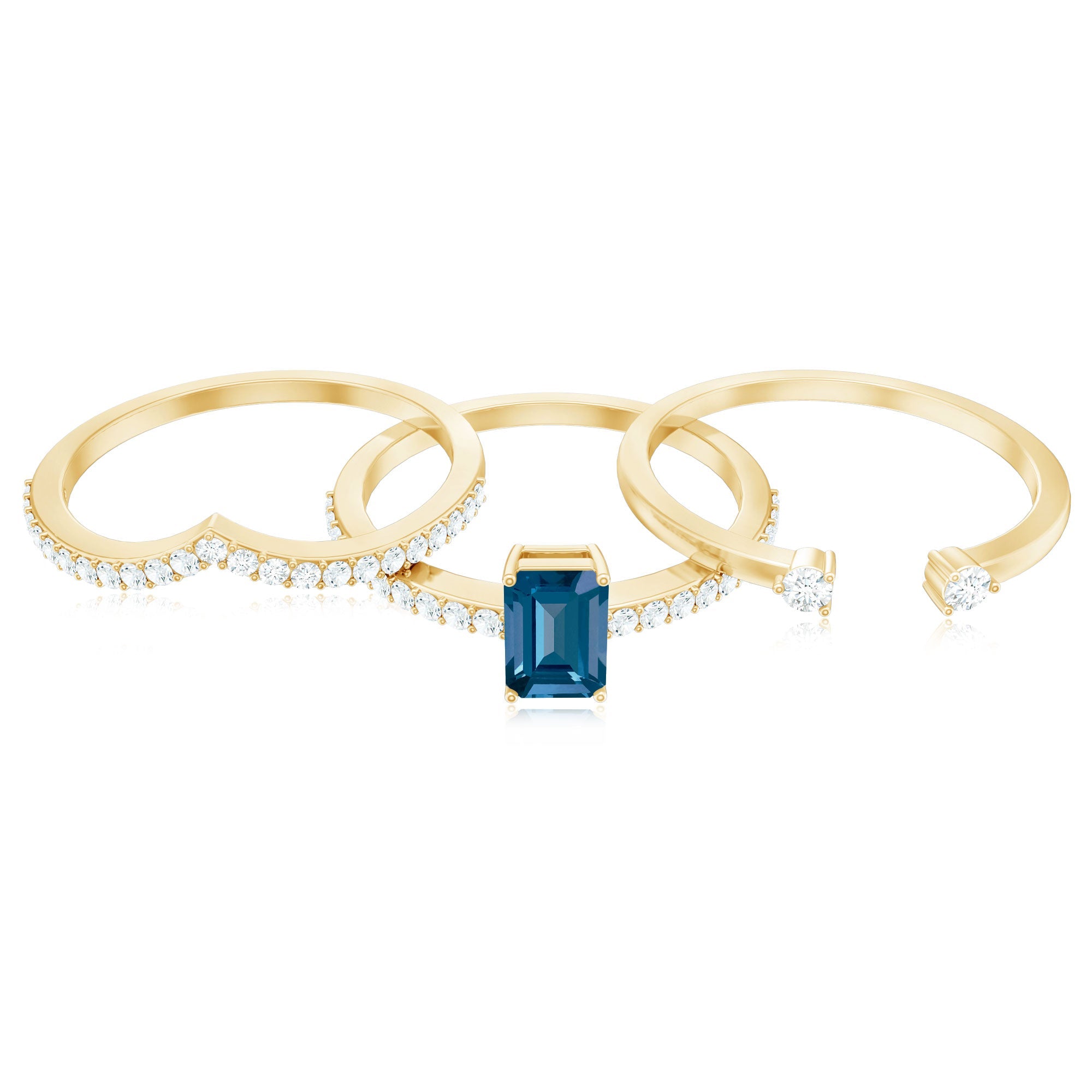 0.7 Carat Emerald Cut London Blue Topaz Curved Wedding Ring Set with Certificate