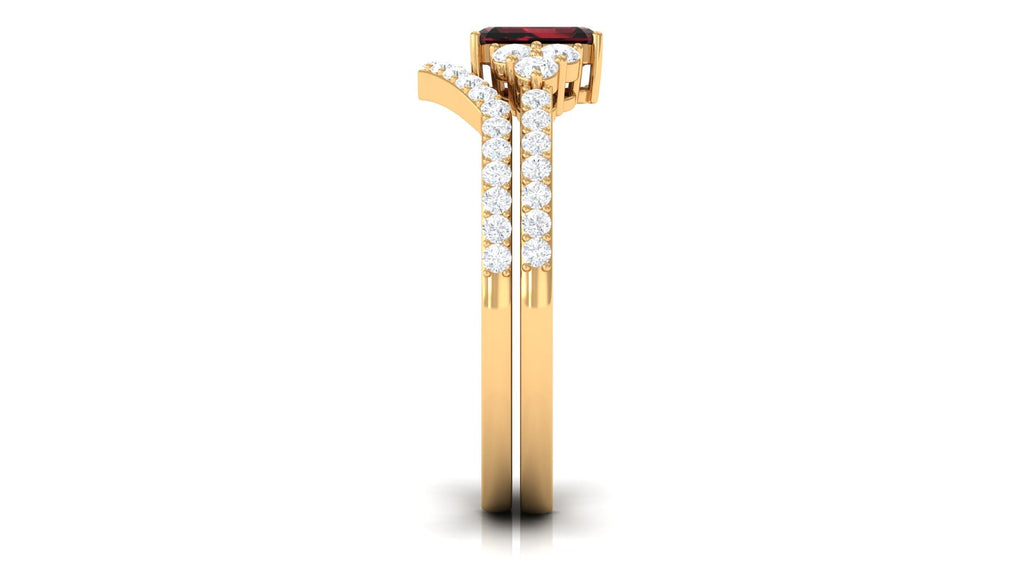 Natural Garnet Diamond Emerald Cut Engagement Wedding Ring Set