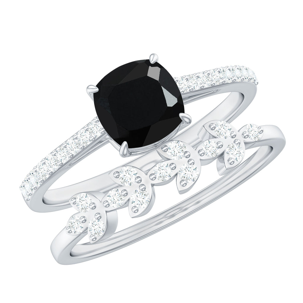 Natural 2 Carat Black Spinel Diamond Cushion Cut Engagement Ring with Enhancer