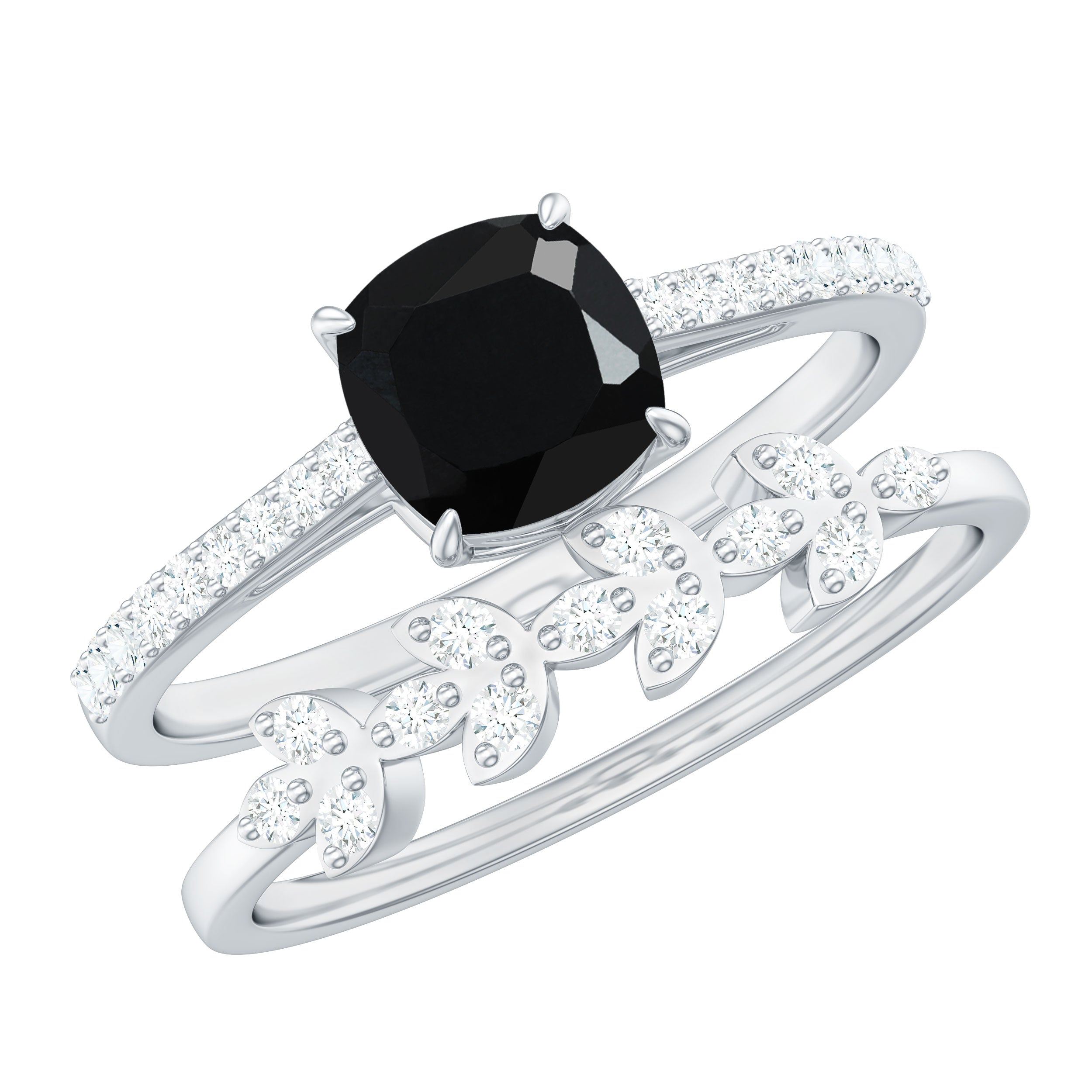 Natural 2 Carat Black Spinel Diamond Cushion Cut Engagement Ring with Enhancer