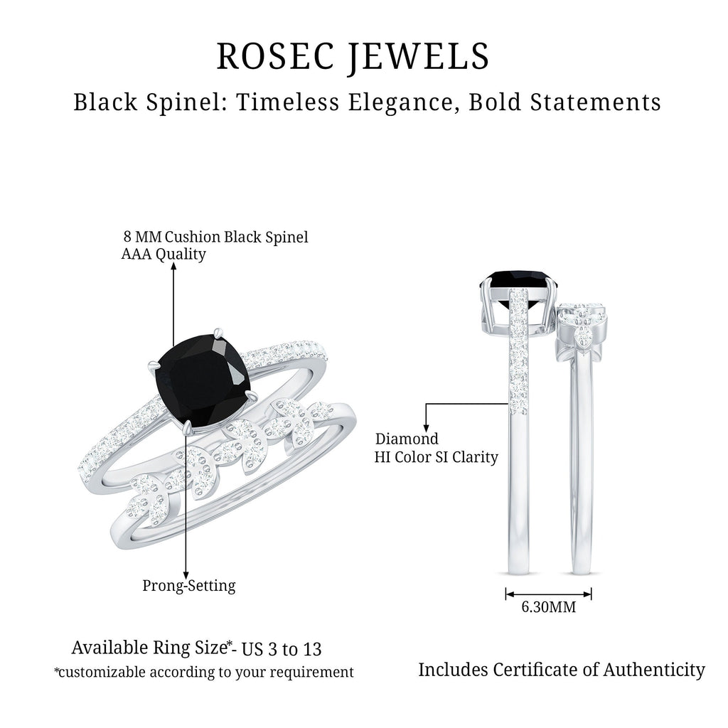 Natural 2 Carat Black Spinel Diamond Cushion Cut Engagement Ring with Enhancer