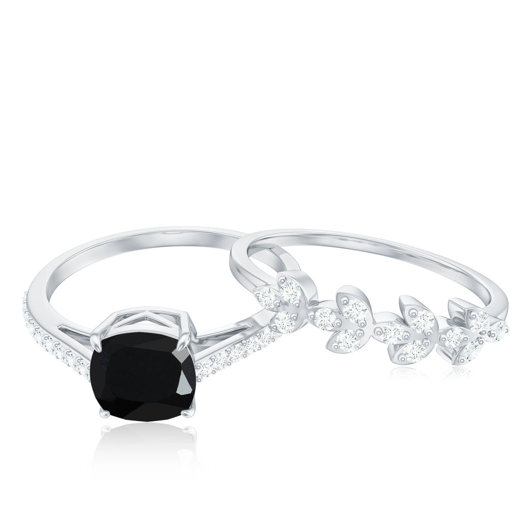 Natural 2 Carat Black Spinel Diamond Cushion Cut Engagement Ring with Enhancer