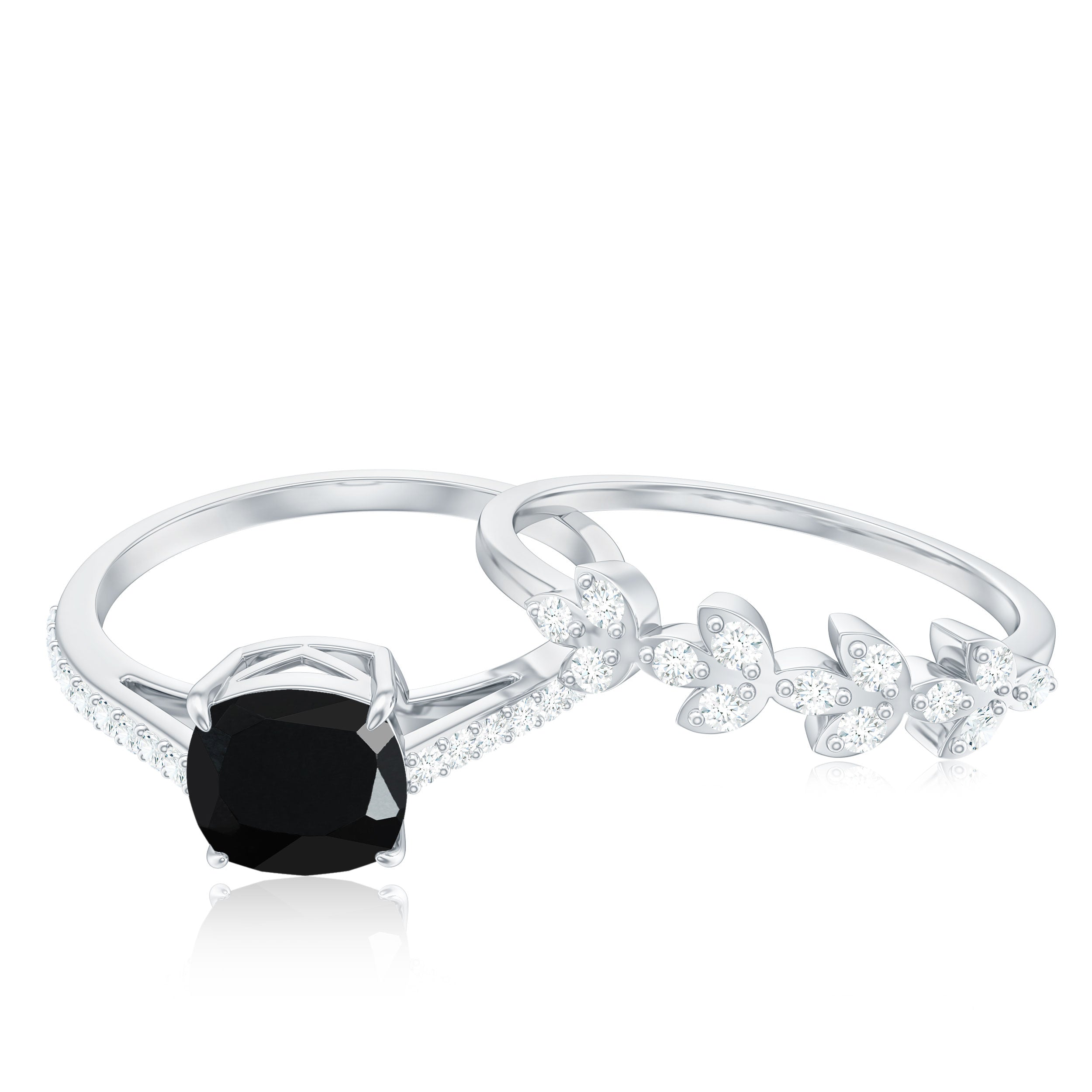 Natural 2 Carat Black Spinel Diamond Cushion Cut Engagement Ring with Enhancer