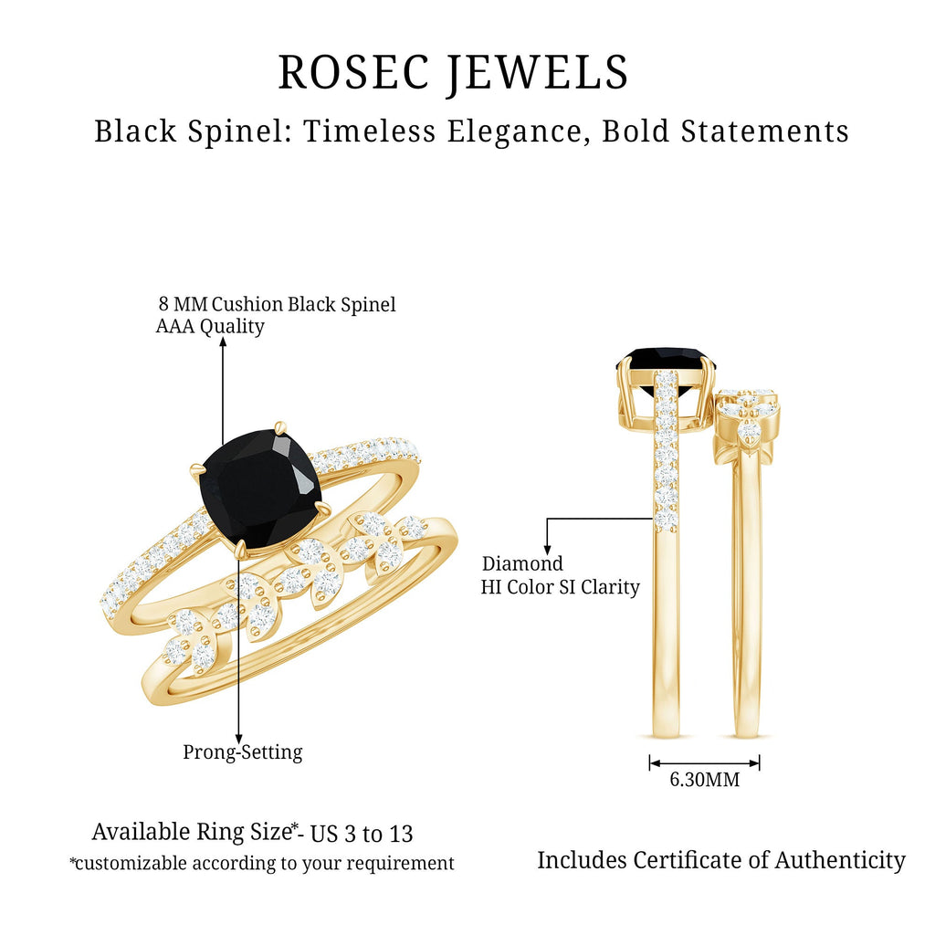 Natural 2 Carat Black Spinel Diamond Cushion Cut Engagement Ring with Enhancer