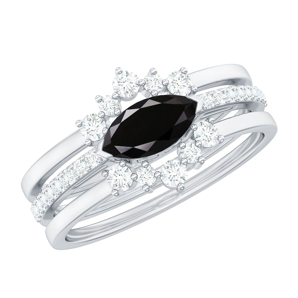0.7 Carat Natural Marquise Black Spinel Diamond 3 Piece Bridal Ring Set