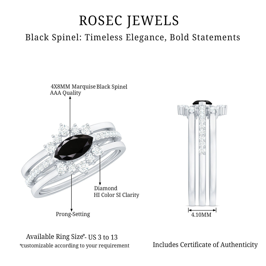 0.7 Carat Natural Marquise Black Spinel Diamond 3 Piece Bridal Ring Set