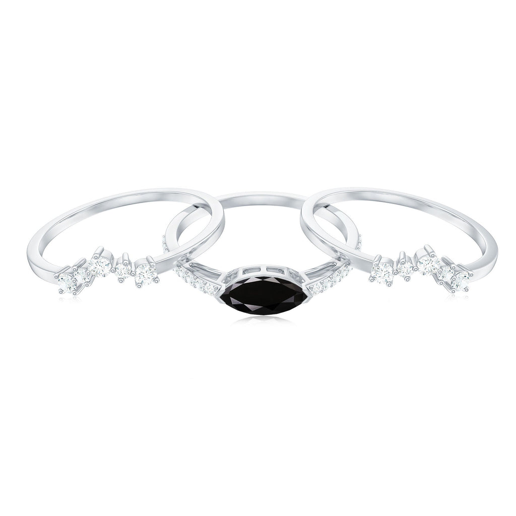 0.7 Carat Natural Marquise Black Spinel Diamond 3 Piece Bridal Ring Set