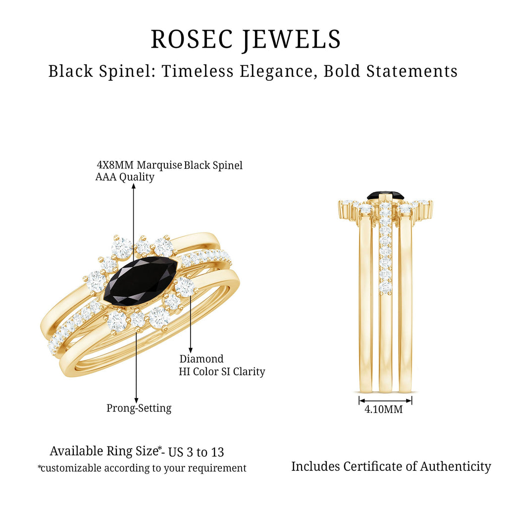 0.7 Carat Natural Marquise Black Spinel Diamond 3 Piece Bridal Ring Set