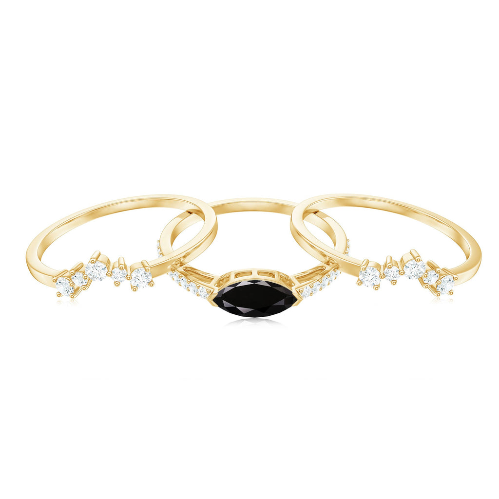 0.7 Carat Natural Marquise Black Spinel Diamond 3 Piece Bridal Ring Set