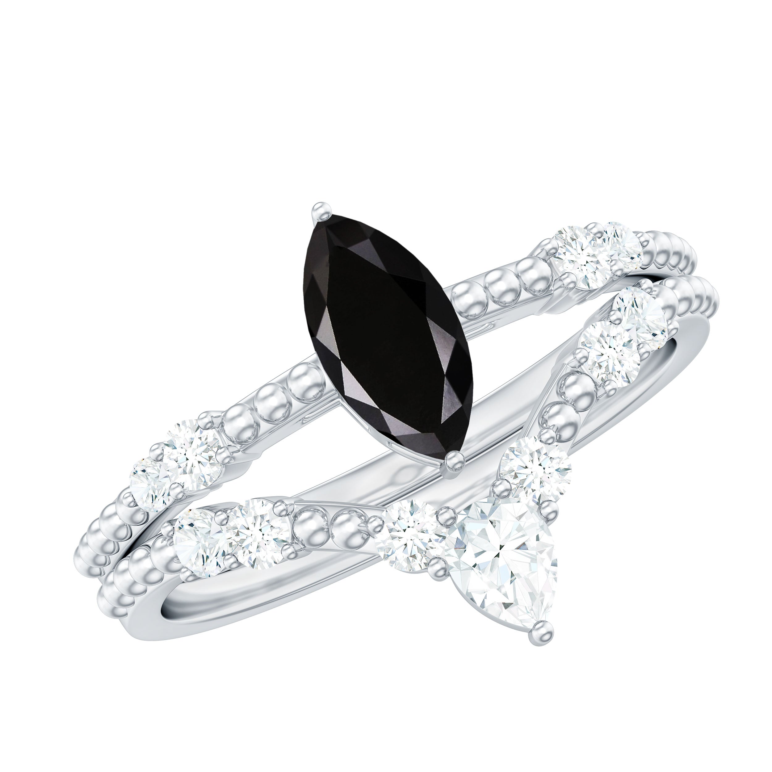 0.7 Carat Marquise Cut Black Onyx Solitaire Ring Set with Moissanite Band