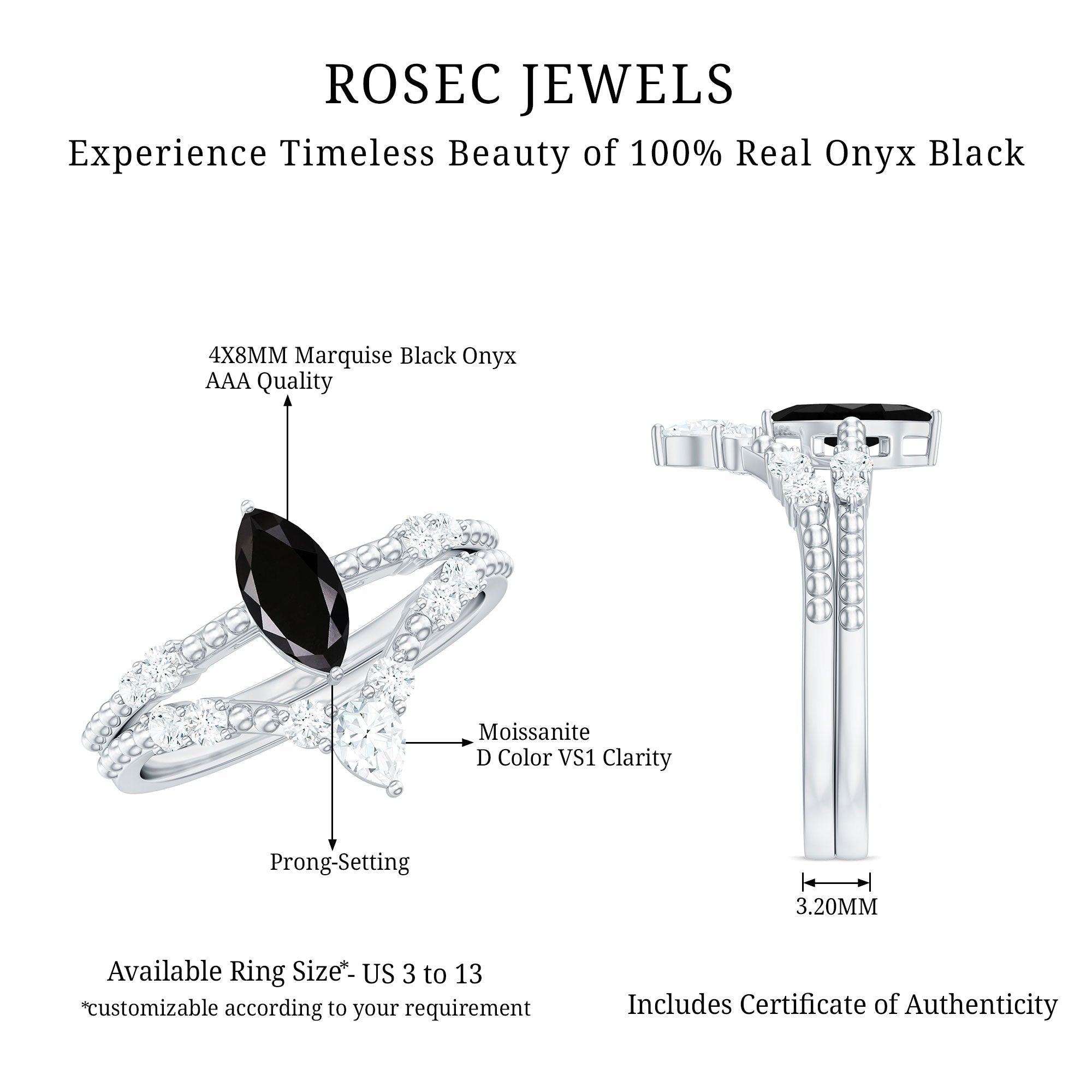 0.7 Carat Marquise Cut Black Onyx Solitaire Ring Set with Moissanite Band