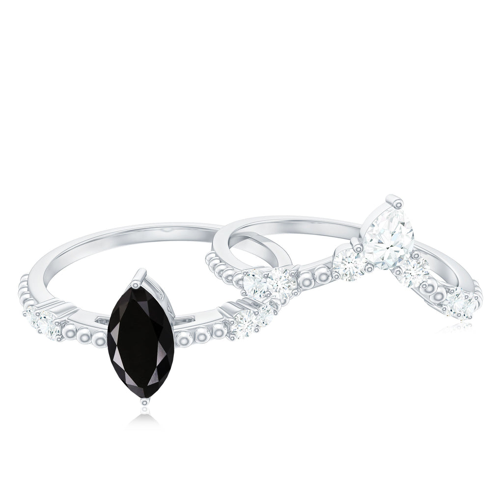 0.7 Carat Marquise Cut Black Onyx Solitaire Ring Set with Moissanite Band