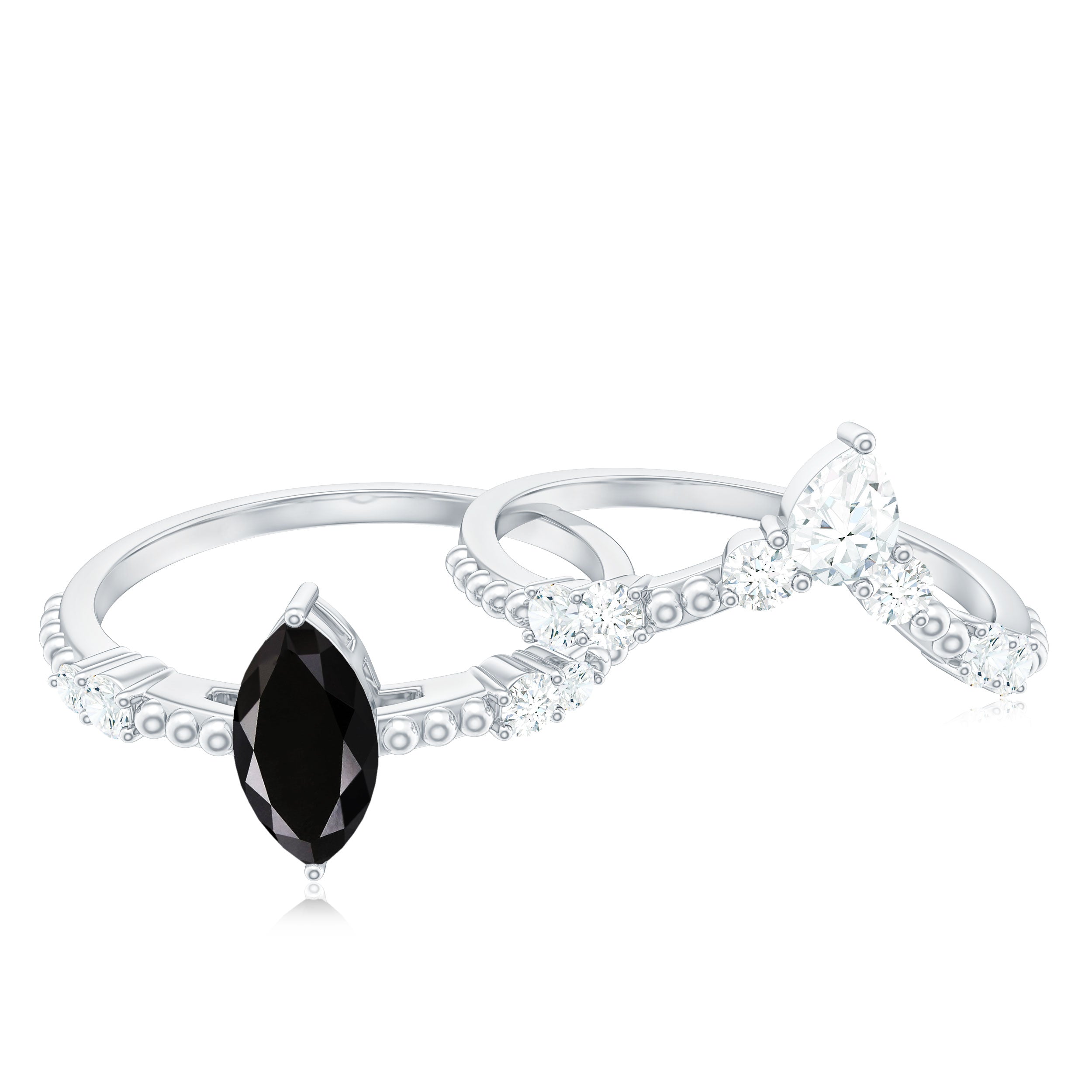 0.7 Carat Marquise Cut Black Onyx Solitaire Ring Set with Moissanite Band