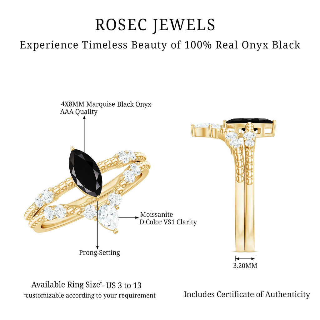 0.7 Carat Marquise Cut Black Onyx Solitaire Ring Set with Moissanite Band